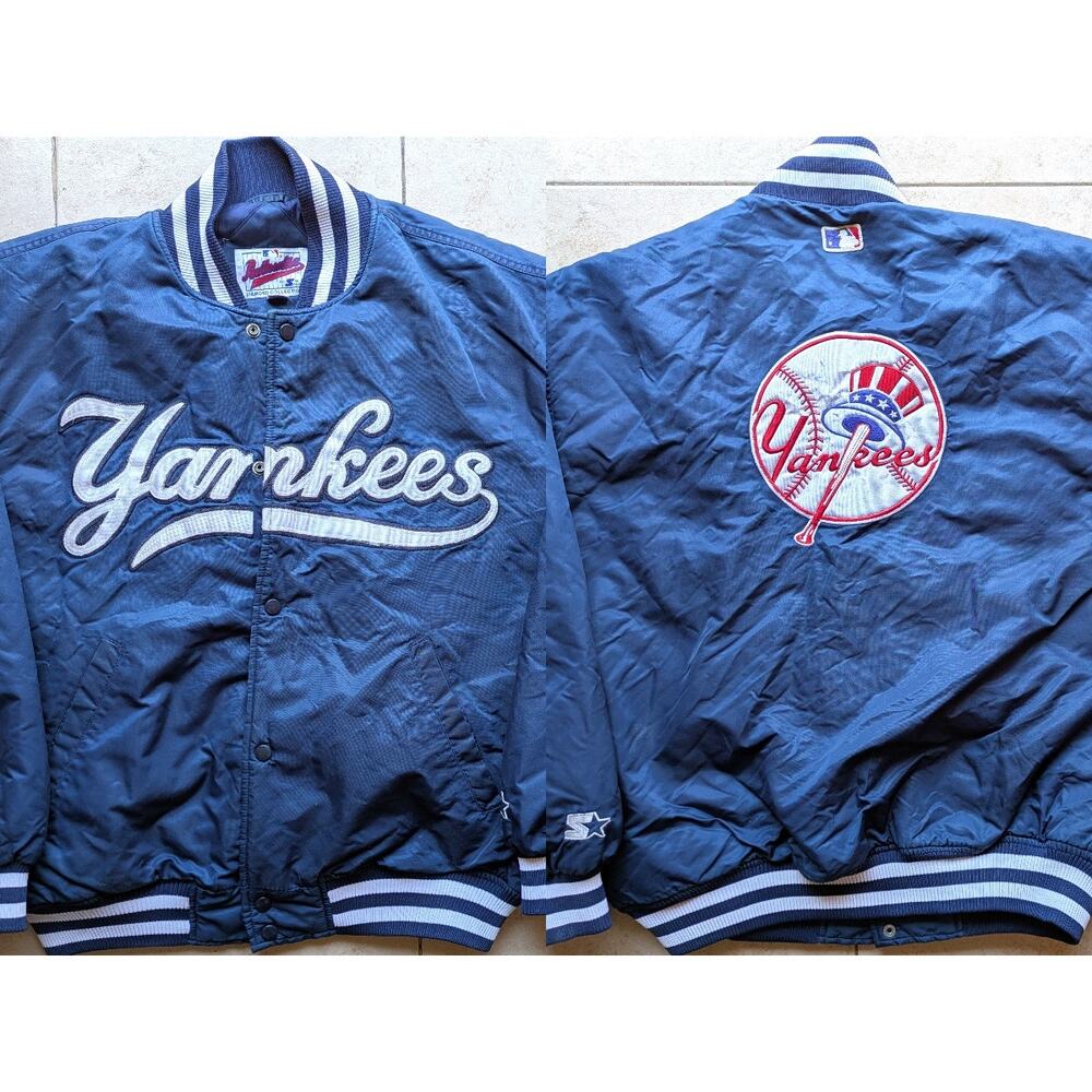 New York Yankees 90s STARTER satin bomber Script jacket L navy red Logo MLB vtg
